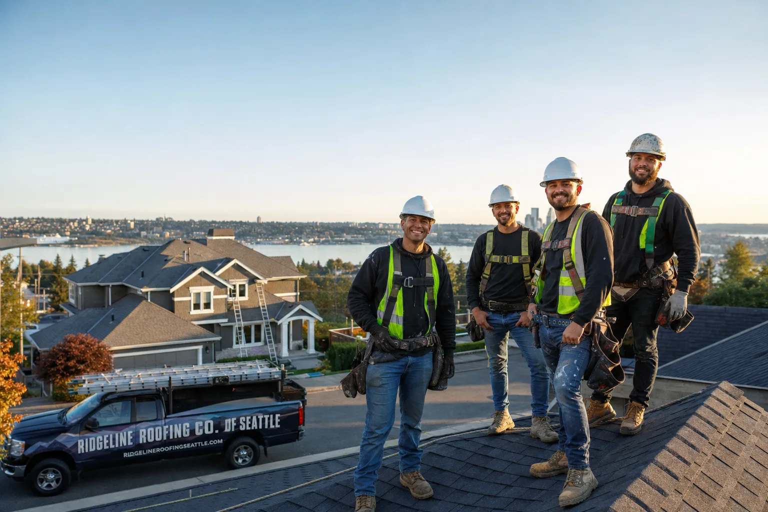 Ridgeline Roofing Co. of Seattle roofing service vehicle and crew in Seattle, WA