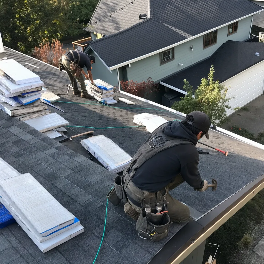 Two professional roofers performing a residential roof replacement and installation.