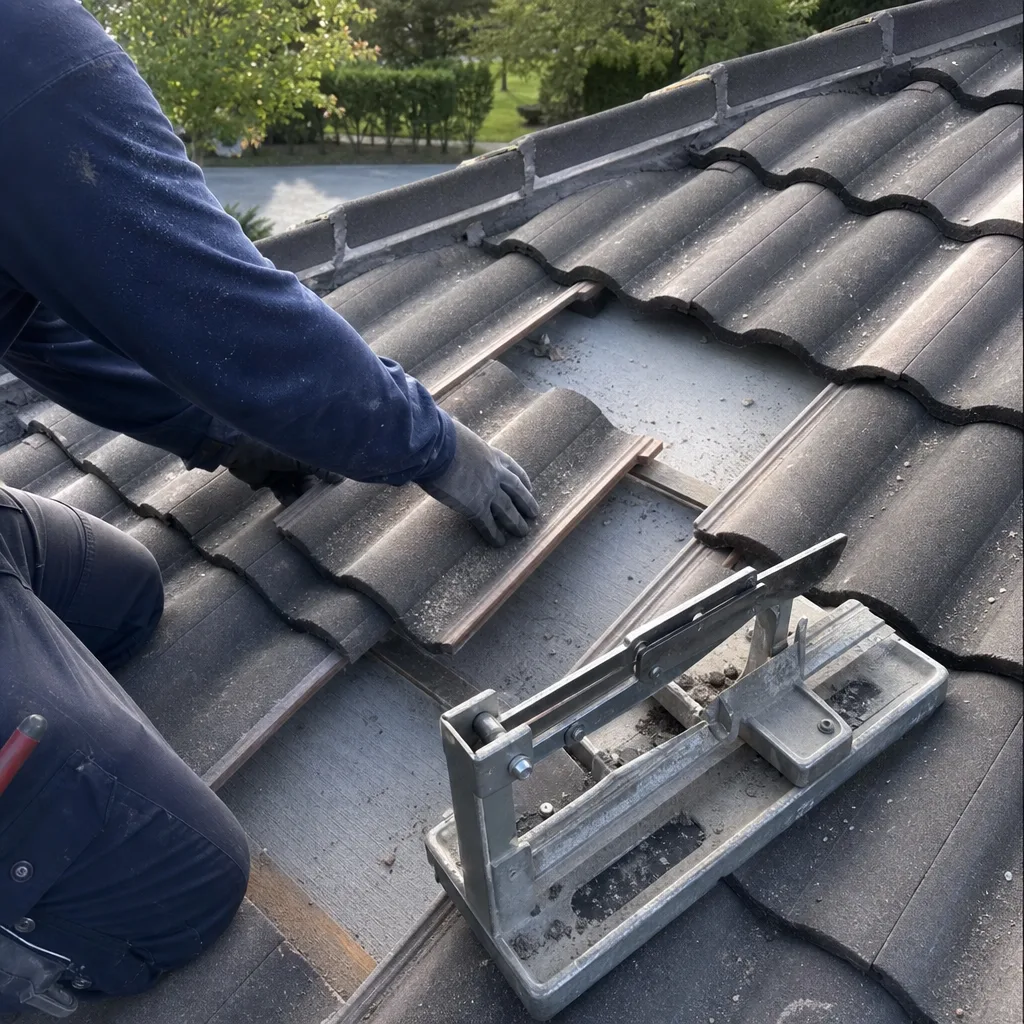 Professional roofer installing specialty concrete roof tiles
